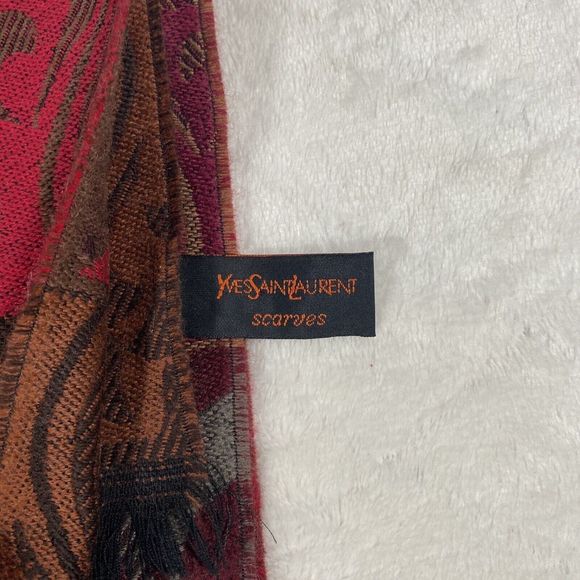 Vintage Yves Saint Laurent Wool Scarf YSL Logo Pink Brown Fringe Artsy Boho - Picture 3 of 9